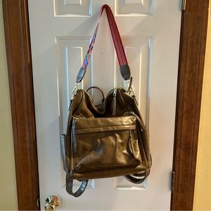 Brown leather, backpack, purse